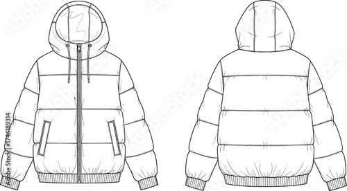 Puffer jacket technical sketch, fashion flat drawing, hood with drawstrings, quilted outerwear design, ribbed cuffs hem, zipper closure, apparel cad illustration