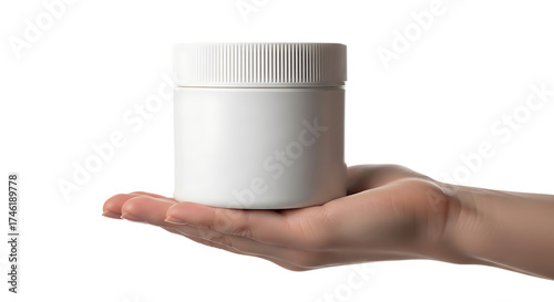 Illustration of hand holding a white jar isolated on transparent background
