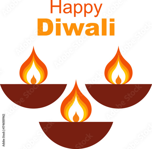 Happy Diwali Greeting Design – Traditional Diya Oil Lamps with Bright Flame Vector Illustration
