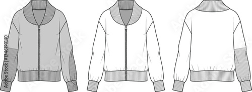 Women’s bomber jacket technical sketch, fashion flat drawing, ribbed shawl collar, quilted sleeve detail, zipper closure, apparel cad vector illustration