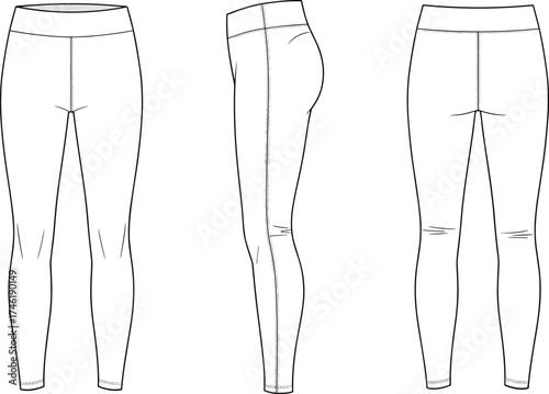 Women’s leggings technical sketch, fashion flat drawing, waistband seam detail, side contour fit, back seam construction, apparel cad vector illustration