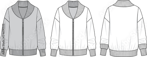 Technical fashion sketch zip up jacket with shawl collar, ribbed cuffs, hem, seamless back panel, cad drawing flat vector illustration