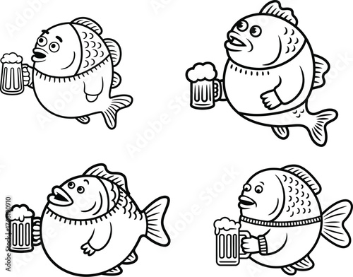 Funny Cartoon Fish in Sweater Holding Beer Mug - Humorous Angler's Pub Mascot Doodle
