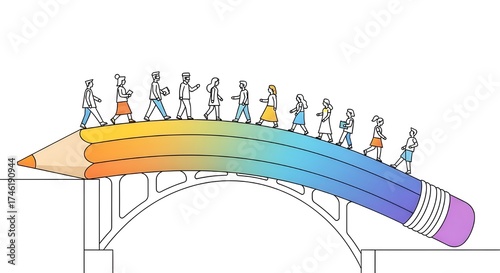 Creativity and Education A Colorful Bridge of People Walking Towards Knowledge