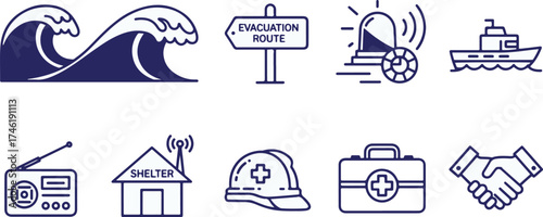 A collection of illustrated icons depicting natural disaster preparedness and safety measures, including evacuation.