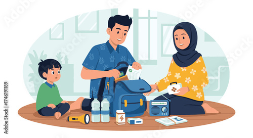 A family preparing a bag with essential items, ready for an emergency.