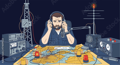 A man intently listens through headphones, surrounded by communication equipment, focused on a map.