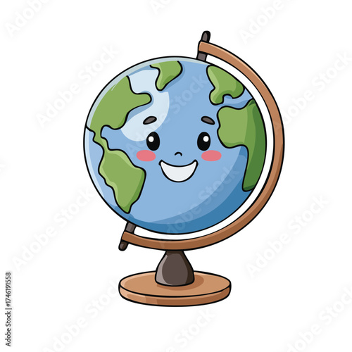 A cartoon little girl studies the geography of planet Earth on a green terrestrial globe, a school object showing continents for global education