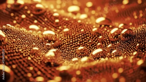 Golden Dewdrops Macro View of Liquid Spheres and Textured Surface