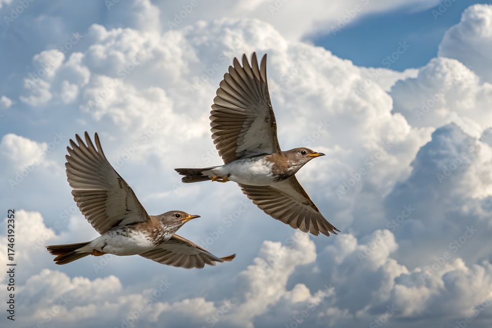 Fototapeta premium Two Bicknell’s Thrush Flying in Cloud Sky