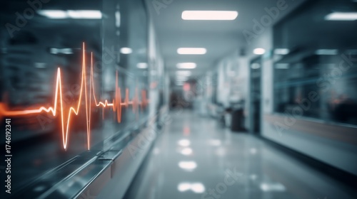 Healthcare technology concept with heartbeat line in blurred hospital corridor, symbolizing medical care and health data in healthcare technology concept
