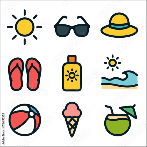 Flat Color Summer Vacation Icon Set, Minimalist Travel and Beach Essentials in Bold Line Style