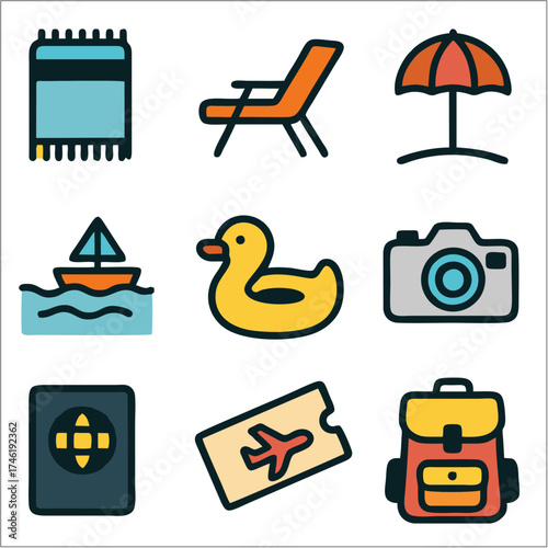 Flat Color Summer Vacation Icon Set, Minimalist Travel and Beach Essentials in Bold Line Style