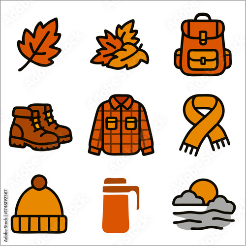 Flat Autumn Journey Icon Set, Cozy Fall Adventure in Bold Line Minimalist Style