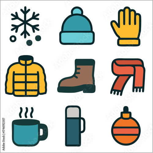 Flat Winter Travel Icon Set, Bold Line Minimalist Vector for Cold Season Adventures
