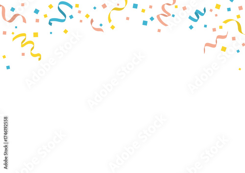 カラフルな紙吹雪とリボンが舞う上部フレーム素材／お祝い・パーティー・イベントに使えるシンプル背景ベクター A4サイズ