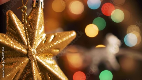 Golden Star Ornament & Festive Bokeh Christmas or Holiday Season