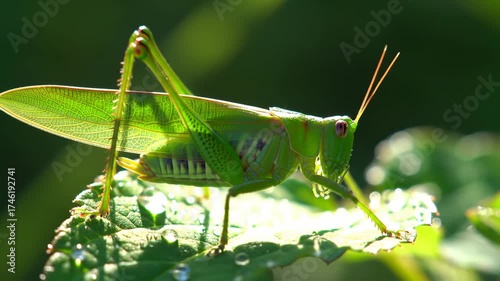 Green Grasshopper Resting on a Leaf in Sunlight