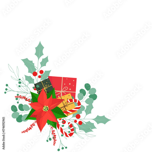 A festive arrangement of green leaves, red poinsettia, gift boxes, and candy canes with holly berries.