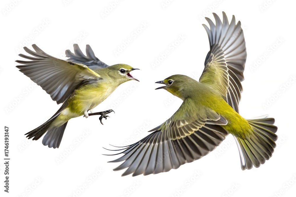Fototapeta premium Bell’s Vireos Fighting Isolated on White