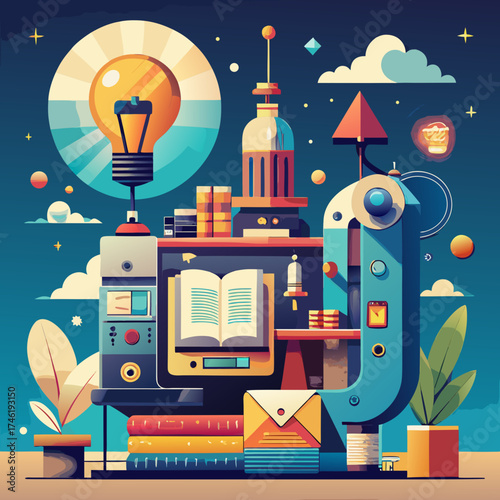 Innovative Knowledge Hub A Vibrant Vector Illustration of Ideas, Learning, and Creativity Uniting in a Conceptual Powerhouse for Growth and Inspiration