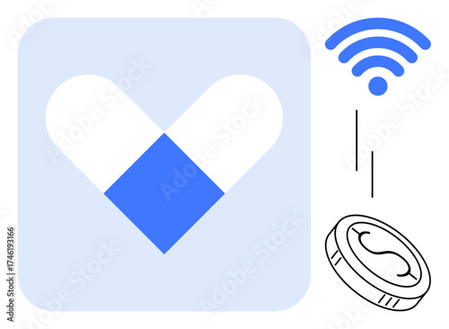 Heart-shaped design with pill halves, wireless signal, and coin suggesting digital healthcare, connectivity, and funding. Ideal for telemedicine, medical apps, investment, health innovation finance