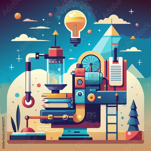 Inventive contraption flat illustration in Retro-Modern Style Ideas, Innovation, & Imagination Blended into One Whimsical Creation