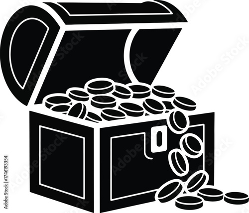 Open treasure chest with gold coins a illustration isolated on white background for games and finance concepts