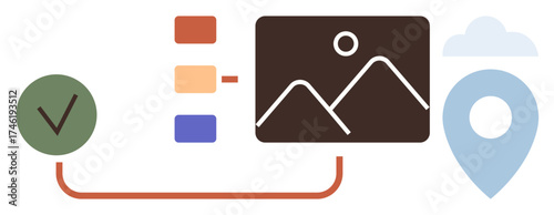 Map pin, image preview, color-coded list, checkmark linked by lines. Ideal for project planning, geolocation, data organization, task management, digital navigation creative workflows simple flat