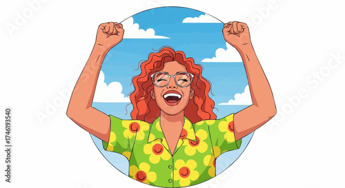  Joyful Woman Celebrates on Beach - of Happiness and Success,  for Summer Fun, Red-Haired Lady with Arms Raised in Exuberance, Vector Illustration