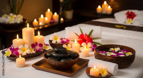Relaxing Spa Ambiance with Candles and Flowers.