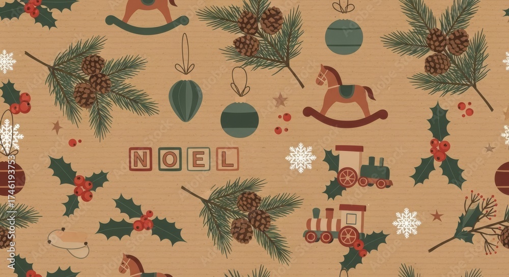 A brown background with a Christmas tree and a train