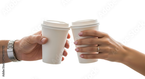 Illustration of two hands holding coffee cups in a toast, isolated on transparent background