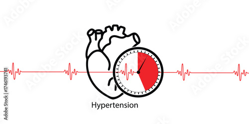Medical illustration of hypertension concept showing human heart with blood pressure gauge and red heartbeat line, representing high blood pressure and cardiovascular risk.