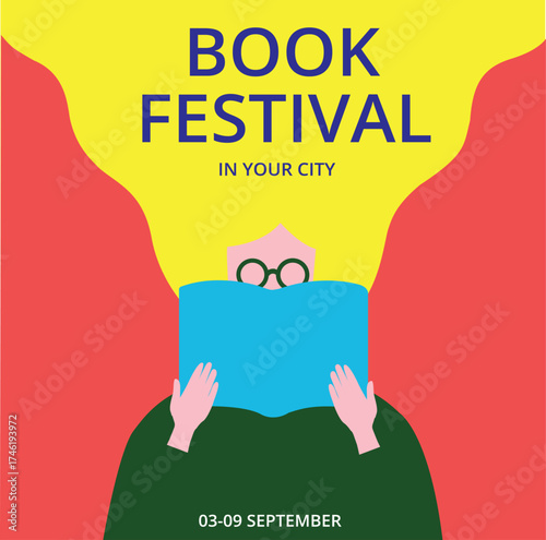 woman is holding an open book and reading. Poster for book festival, education, culture festival,