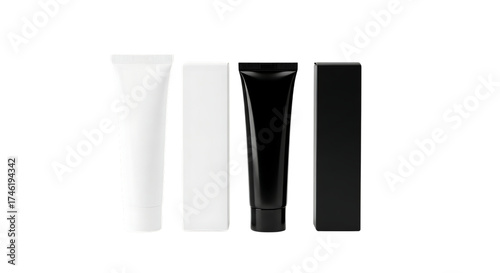Illustration of black and white cosmetic tubes and boxes isolated on transparent background