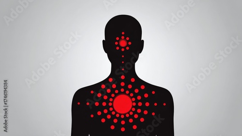 Body Points and Wellness: A silhouette depicts a person with red circular highlights representing key energy points throughout the body, set against a clean backdrop, symbolizing health, balance.