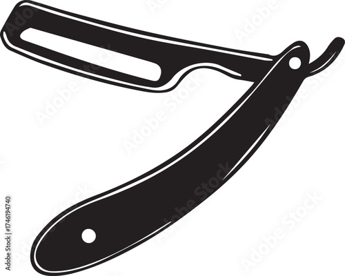Black and white vector illustration of open straight razor with classic handle and exposed blade