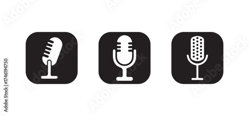 Microphone icon set,  mic icon symbol, record, audio, sound, voice icons,  audio recording podcasting symbol,Vector illustration EPS 10.