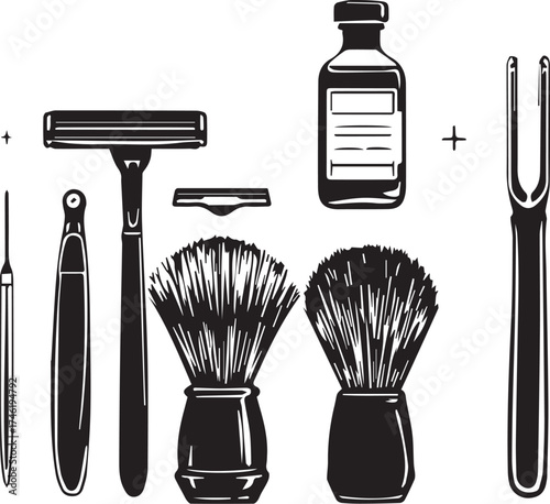 Black and white vector illustration of vintage shaving tools including razors, brushes, tweezers, and bottle