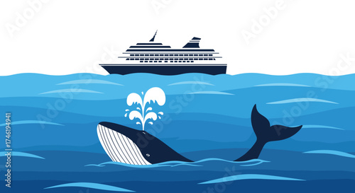 A large whale is spouting water as a ship sails by on the ocean.
