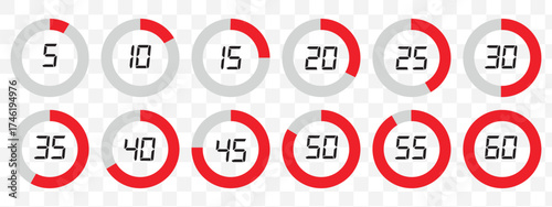 circular red and gray timer icons showing 5 to 60 minutes in increments used for countdown or tracking