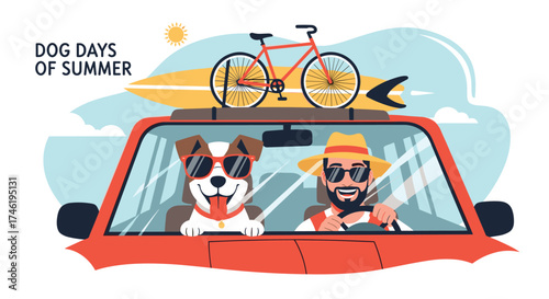 Dog days of summer road trip adventure with a happy dog and owner.