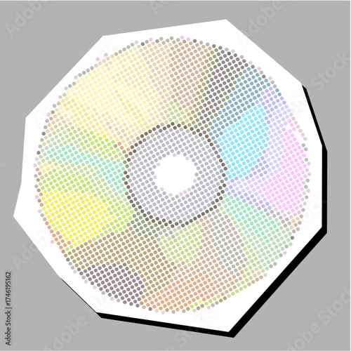 Compact disk halftone dotted collage element pointillize in paper torn vector. Ideal for music, technology, and retro media themes.