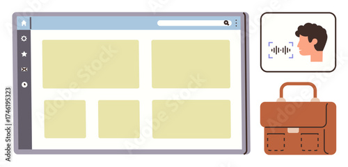 Web browser interface with multiple sections, voice recognition profile, and leather briefcase. Ideal for technology, professional workflow, online productivity, digital organization, AI tools