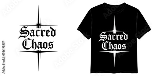 SACRED CHAOS text in Gothic Black Font style, two variants of the inscription design in black on a transparent background and in white on the background of a mock-up T-shirt