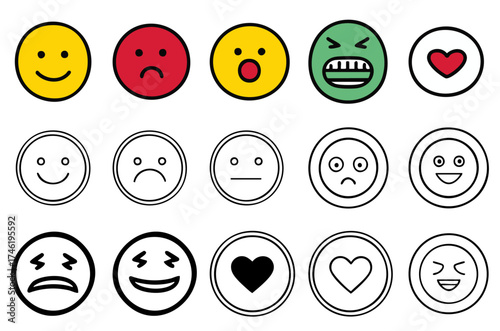 Round emotion icon set. Simple facial expressions and heart design for UX and feedback graphics