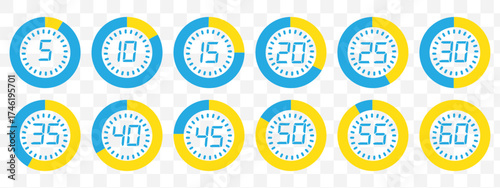 circular red and gray timer icons showing 5 to 60 minutes in increments used for countdown or tracking