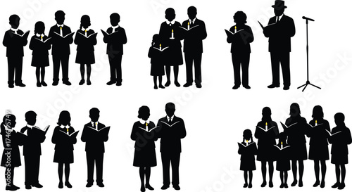 Choir and vocal group silhouette vector set, festive singing icons, public performance design, printable holiday artwork, black ensemble illustration