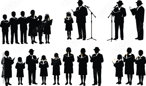 Choir and speaker silhouette vector set, festive performance icons, public reading design, printable holiday artwork, group singing illustration